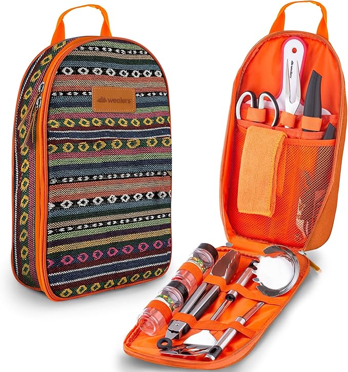 Camp Kitchen Cooking Utensil Set Travel Organizer Grill Accessories Portable Compact Gear for Backpacking BBQ Camping Hiking Travel Cookware Kit Water Resistant Case