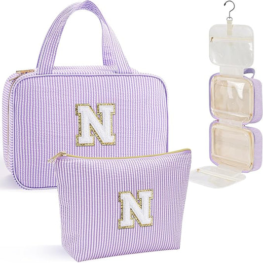 YOOLIFE Hanging Toiletry Bag for Women - Large Travel Toiletry Bag Makeup Bag, Portable Toiletries Cosmetic Bag, Airplane Travel Essentials - Letter N, Purple