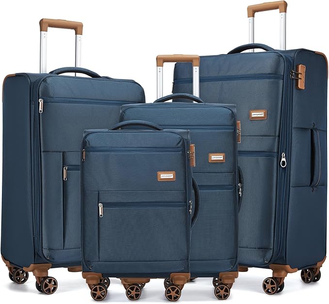 LARVENDER Luggage Sets 4 Piece, Softside Carry On Luggage Suitcase Set with 360° Spinner Wheels for Women Men(32/28/24/20) Navy Blue