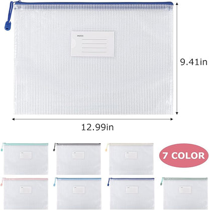 28Pcs Mesh Zipper Pouch Bags，A4 Mesh Storage Bags with Label Pocket，Waterproof Pouches for Organization School, Office & Travel，7 Colors