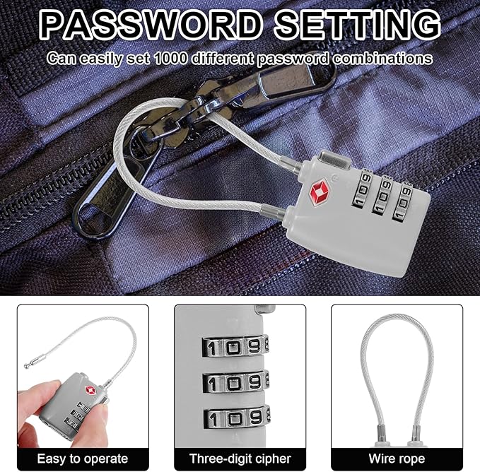 5 Pack TSA Locks for Luggage TSA Approved Luggage Locks 3 Digit Combination TSA Travel Locks Portable Cable Padlocks Zinc Alloy Body Suitcase Locks for Travel Bag Suitcase Backpack Lockers,Silver