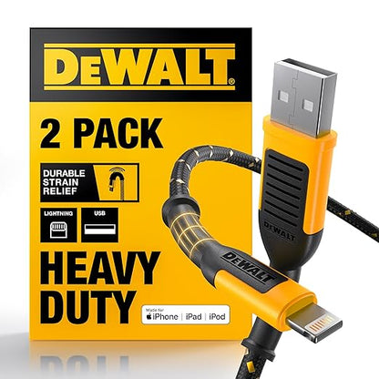 DEWALT Heavy Duty 2-Pack Durable iPhone Charger Cord, [Apple MFi Certified] 4ft Long Charging Cable, Compatible Apple Lightning to USB Cable, Fast Charging Cords for iPhone 14/13/12/11/13 Pro/13 Max