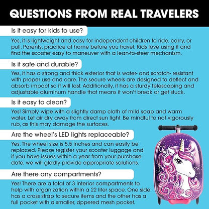 KIDDIETOTES Ride-On Scooter Suitcase for Kids – Hardside Lightweight Carry-On Luggage with Foldable Scooter, LED Wheels, Travel Fun for Toddlers & Children
