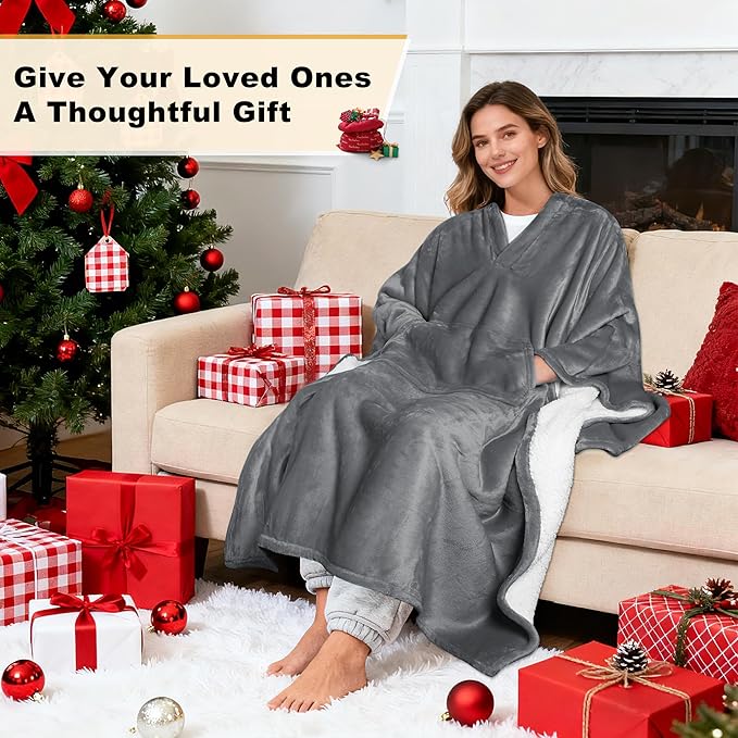 Catalonia Sherpa Wearable Poncho for Adult Women Men, Wrap Blanket Cape with Pocket, Warm, Soft, Cozy, Snuggly, Comfort Gift, No Sleeves, Grey