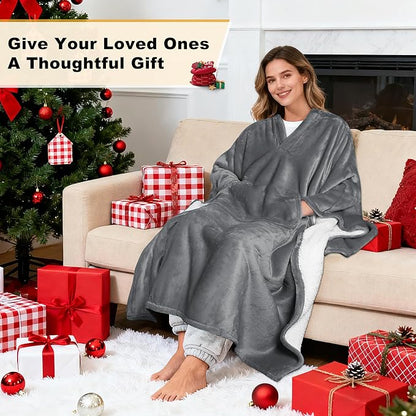 Catalonia Sherpa Wearable Poncho for Adult Women Men, Wrap Blanket Cape with Pocket, Warm, Soft, Cozy, Snuggly, Comfort Gift, No Sleeves, Grey