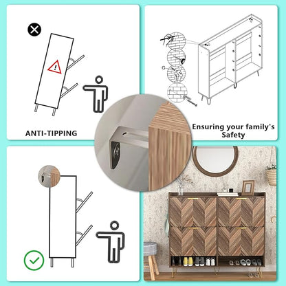 Vibe & Dine 4 Flip Drawer Shoe Cabinet, Mid Century Modern Shoe Organizer with Bottom Cubby, Hidden Shoe Cabinet with 2 Hooks, Freestanding Narrow Slim Shoe Rack Cabinet for Entryway, Foyer, Hallway