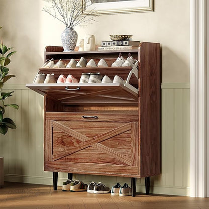 VINGLI Shoe Storage Cabinet for Entryway with 2 Flip Drawers, Ultra Slim Freestanding Entryway Shoe Organizer with Wood Tapered Legs,Hidden Closed Shoe Rack,31.6" W * 9.4" D * 39.4" H, Walnut
