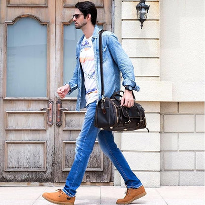 Full-grain Genuine Leather Travel Bag Large Capacity Duffel Luggage Bag with Shoe Compartment, Men Women Shoulder Handbag for Weekend Holiday Business Trip