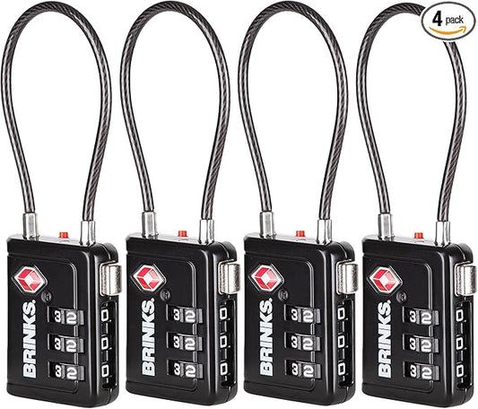 Brinks TSA Accepted Indicator Luggage Lock, Black - Resettable 3-Dial Combination, 2.5 inch Long Cable Shackle, New More Secure TSA008 Key, 4 Pack