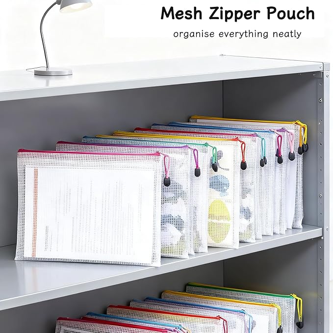 24pcs A4 Mesh Zipper Pouch Bags, 8 Colors Mesh Bags with Zipper, Waterproof Document Pouches for Organizing Storage, Clear Storage Bags for Office School Supplies, Toys, Cosmetics Travel Storage