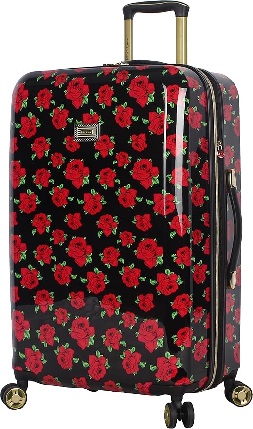 Betsey Johnson 26 Inch Checked Luggage Collection - Expandable Scratch Resistant (ABS + PC) Hardside Suitcase - Designer Lightweight Bag with 8-Rolling Spinner Wheels (Covered Roses)