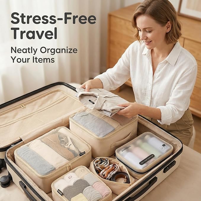 Compression Packing Cubes for Travel, 6-Piece Set (L/M/S), Double-Zip Luggage Organizers with Mesh Panels, Space-Saving Clothes Storage Bags for Suitcase & Carry-On (6 Pack, Mist Khaki)