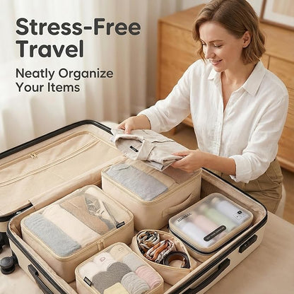 Compression Packing Cubes for Travel, 6-Piece Set (L/M/S), Double-Zip Luggage Organizers with Mesh Panels, Space-Saving Clothes Storage Bags for Suitcase & Carry-On (6 Pack, Mist Khaki)
