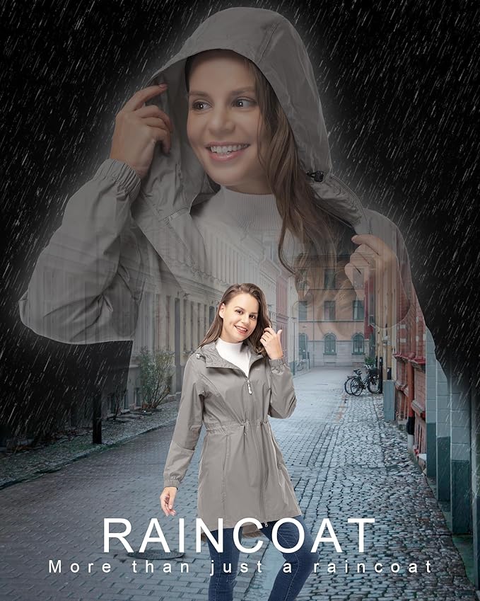 33,000ft Women's Waterproof Long Rain Coats Packable Rain Jacket with Hood Trench Coats Windbreaker