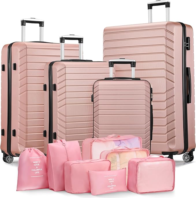 11 Piece Travel Luggage Sets for Women, 20/24/28/32 Inch 4 Piece Hardshell Suitcase Set, 20inch Carry on Luggage with Wheels, 24inch 28inch 32inch Checked Luggage with 7PC Packing Bags