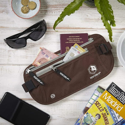 VENTURE 4TH Money Belt for Travel – Hidden Under-Clothes RFID Blocking Passport Holder & Slim Travel Wallet Pouch for Men & Women to Protect Cash, Cards & Documents (Brown)