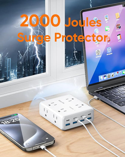 Power Strip 8 AC with 8 USB Ports, 10 FT Flat Plug Extension Cord, 2000 Joules Surge Protector, 30W Charging Station, Home Office College Dorm Room Essentials
