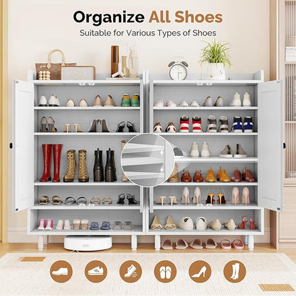 Entrance Shoe Cabinet with Doors,6-Tier Farmhouse Shoe Storage Organizer with Adjustable Shelves Holds 18-26 Pairs and Metal Legs, Entry Organizer Entryway, Living Room (White)