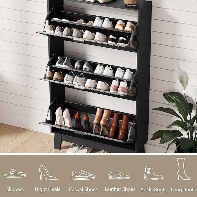 Shoe Cabinet Storage for Entryway with 3 Flip Drawers, Fluted Narrow Shoe Organizer with Wooden Legs, Freestanding Slim Shoe Storage Hidden Shoe Rack Organizer for Front Door Entrance, Hallway, Black