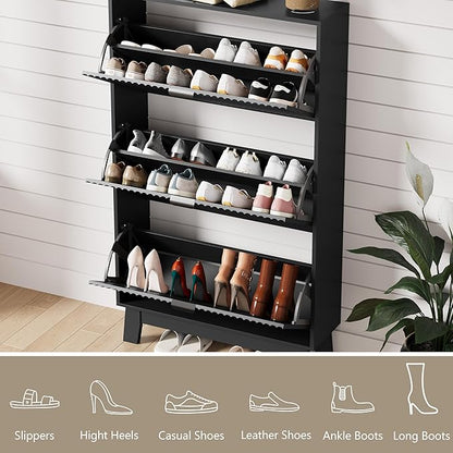 Shoe Cabinet Storage for Entryway with 3 Flip Drawers, Fluted Narrow Shoe Organizer with Wooden Legs, Freestanding Slim Shoe Storage Hidden Shoe Rack Organizer for Front Door Entrance, Hallway, Black