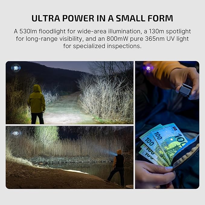 OLIGHT Oclip Ultra EDC Flashlight Clip-on Light, 530 Lumens Rechargeable with Type-C Charging, Combines Floodlight, Spotlight and UV, Triple Magnetic Lights for Inspection and Work (Navy Blue)