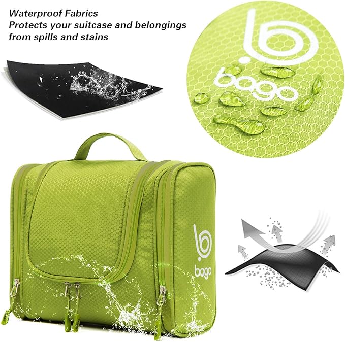 Bago Travel Toiletry Bag for Women and Men X-Large Waterproof Hanging Large Toiletry Bag for Bathroom and Travel Bag for Toiletries Organizer - Makeup Bag (Green)