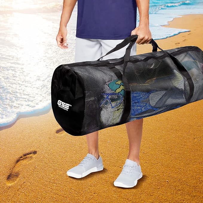 Black Heavy-Duty Large Mesh Sports Duffle Bag, Dry Bag, Diving Equipment Scuba Bag with Zipper. Great for Gym Workout, Sport Balls Storage, Scuba Gear, Snorkeling, Water Sports and Travel