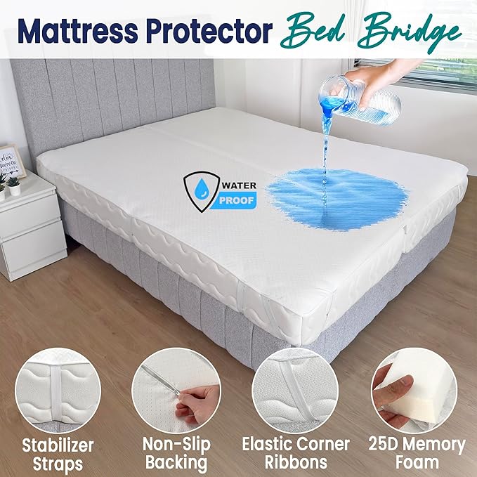 2-in-1 Bed Bridge Twin to King Converter with Waterproof Mattress Protector & Elastic Straps | Split King Gap Filler for Adjustable Bed | Non-Slip Bottom | 75"
