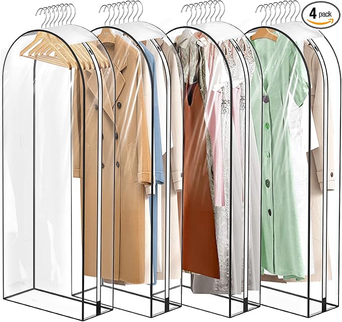 10" Gusseted All Clear Garment Bags - 4 Pack 60" Hanging Clothes Storage Bags for Suits, Coats, Dresses, Shirts - Side Zipper, Breathable Fabric, Dustproof, Waterproof PEVA Material (60 inch)