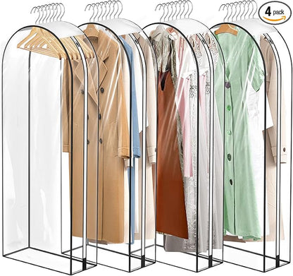 10" Gusseted All Clear Garment Bags - 4 Pack 60" Hanging Clothes Storage Bags for Suits, Coats, Dresses, Shirts - Side Zipper, Breathable Fabric, Dustproof, Waterproof PEVA Material (60 inch)
