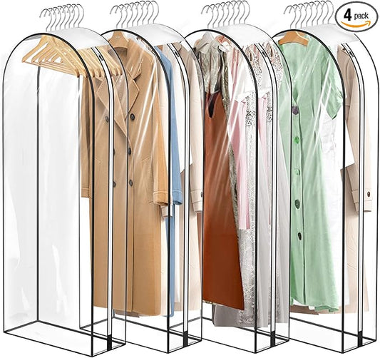 10" Gusseted All Clear Garment Bags - 4 Pack 60" Hanging Clothes Storage Bags for Suits, Coats, Dresses, Shirts - Side Zipper, Breathable Fabric, Dustproof, Waterproof PEVA Material (60 inch)
