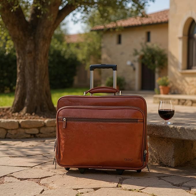 Genuine Leather Wheeled Laptop Briefcase – Tan Rolling Cabin Flight Pilot Bag for Men – 29L Travel Carry-On Case with Adjustable Strap, Trolley Wheels, and Antique Brass Hardware