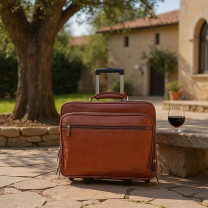 Genuine Leather Wheeled Laptop Briefcase – Tan Rolling Cabin Flight Pilot Bag for Men – 29L Travel Carry-On Case with Adjustable Strap, Trolley Wheels, and Antique Brass Hardware