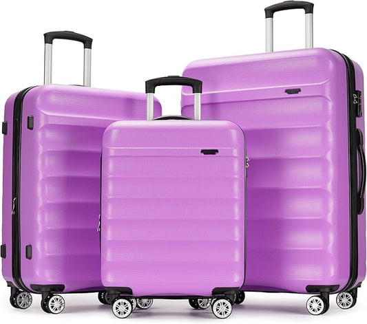 GinzaTravel 3-piece expandable luggage sets with Spinner Wheels， ABS hardshell Suitcase with TSA Lock，Large Luggage for Family Travel & carry on 20/24/28，Purple color