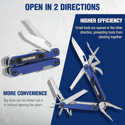 WORKPRO 18-in-1 Multi Tool Pliers, Gifts for Dad, Stainless Steel EDC Multitool with Pocket Knife, 2 Safety Locks, Belt Clip and Oxford Pouch, Multipurpose Utility Multiuse Tool for Outdoor Activities