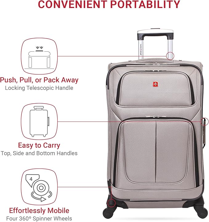 SwissGear Sion Softside Expandable Luggage – Medium Checked Suitcase with 360 Degree Wheels & Retractable Handle – 25 Inch, Perfect for 1-7 Night Trips – Pewter