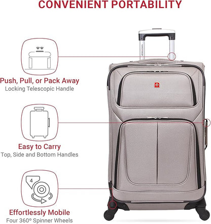 SwissGear Sion Softside Expandable Luggage – Medium Checked Suitcase with 360 Degree Wheels & Retractable Handle – 25 Inch, Perfect for 1-7 Night Trips – Pewter