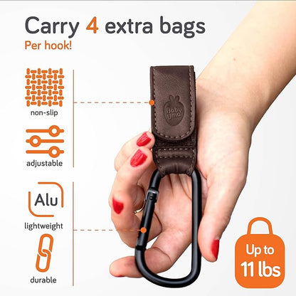 Baby Uma Stroller Hooks for Bags (2 Pack) - Leather-Style Stroller Clips and Hooks, Non-Slip Stroller Accessories, Carry 11 lbs Per Stroller Hook, Universal Baby Essentials & Stroller Accessories