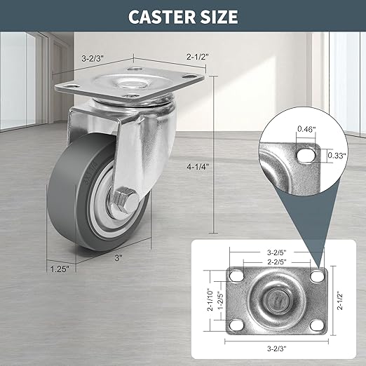 3 Inch Caster Wheels, Rubber Wheels Silent Castor- Set of 4 Heavy Duty Caster Wheels with Brake 1200Lbs, Industrial Plate Casters Wheels for Cart Furniture Workbench (4 Swivel)