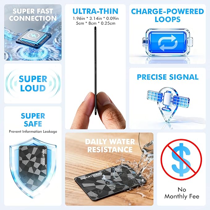 【for iOS&Android】 Airtag Wallet Tracker Card, Ultra-Thin Smart Card, Credit Card Size Bluetooth Tracker for Wallet Passport, Works with Apple Find My & Google Find Hub, Wireless Charging, Loud Alarm