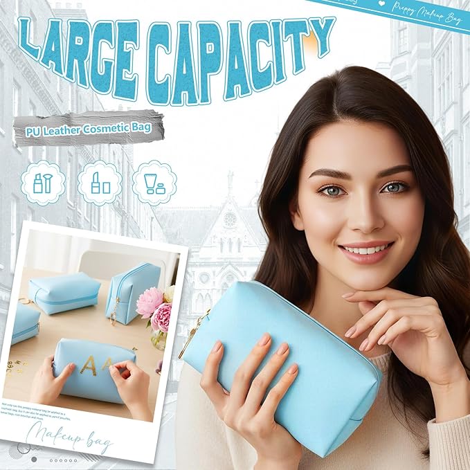 Chunful 24 Pcs Preppy Makeup Bag PU Leather Cosmetic Bag Bulk Makeup Plain Pouch Waterproof Toiletry Purse for Women Traveling Preppy Pencil Case Travel Purse Cosmetic (Blue)