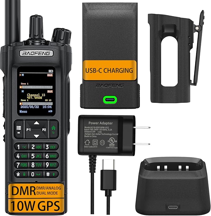 BAOFENG DM32 DMR Handheld Radio with USB-C Charging, GPS, 10W Long Range Walkie Talkie for Emergency Rescue & Outdoor Sports DM-32UV (1 Pack Black+Back Clip)