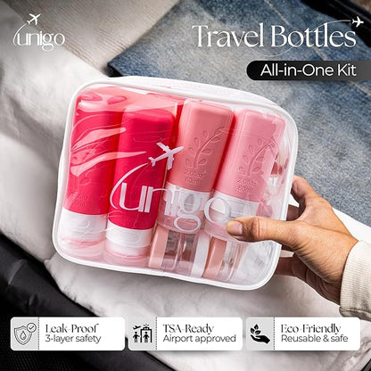 unigo 30 pack Full Set TSA Approved Travel Bottles, Travel Size Containers for Toiletries, Refillable Leakproof Travel Shampoo and Conditioner Bottles, Toiletry Containers,Extra Bottle Sleeves (Pink)