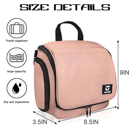 Goloni Hanging Toiletry Bag with Hook, Large Makeup Bag Travel Organizer, Water-Resistant Hanging Cosmetic Bag with 10 Compartments for Women & Men,Pink