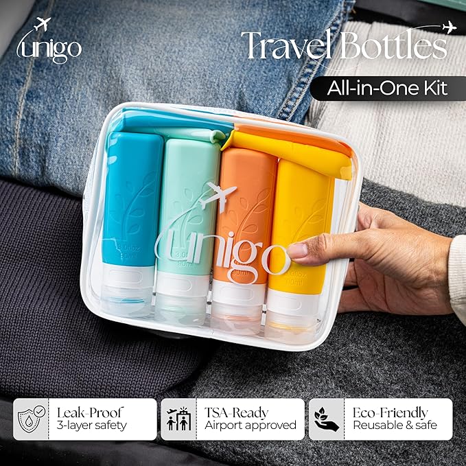 unigo Travel Bottles For Toiletries, TSA Approved Containers, Travel Size Toiletries, Shampoo and Conditioner Bottles, Leak Proof and Refillable Bottles, BPA Free, Extra Bottle Covers (Multicolor B)