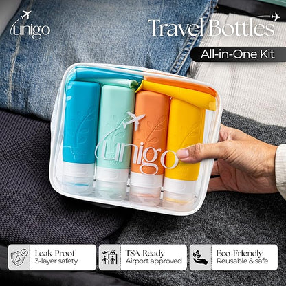 unigo Travel Bottles For Toiletries, TSA Approved Containers, Travel Size Toiletries, Shampoo and Conditioner Bottles, Leak Proof and Refillable Bottles, BPA Free, Extra Bottle Covers (Multicolor B)