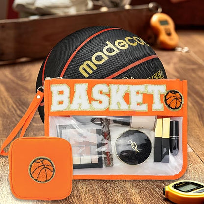 2 Pcs Basketball Gifts Makeup Bag with Chenille Letter Patch,with Handles PVC Waterproof Clear Makeup Bag,Portable Toiletry Storage Bag,Players & Fans Birthday, Team or Sports Lover Presents