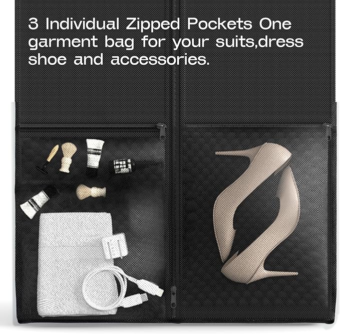 2 Pack Heavy Duty Garment Bags for Travel Suit Bags, Dress Bags, Garment Bags for Hanging Clothes with Pockets Men's Suit Holder for Shirts, Coats, Dresses (Black, 2Pack 60")