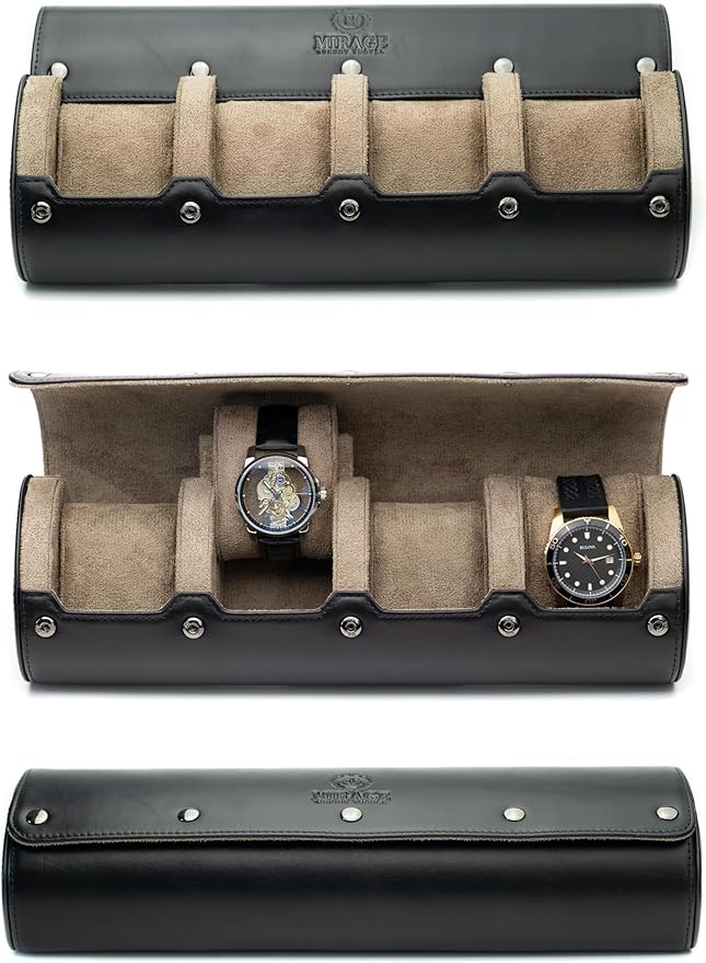 4 Watch Travel Case for Men Watch Roll Leather Watch Case Travel Sable Black Full Grain Cow Leather Mirage Heritage Collection