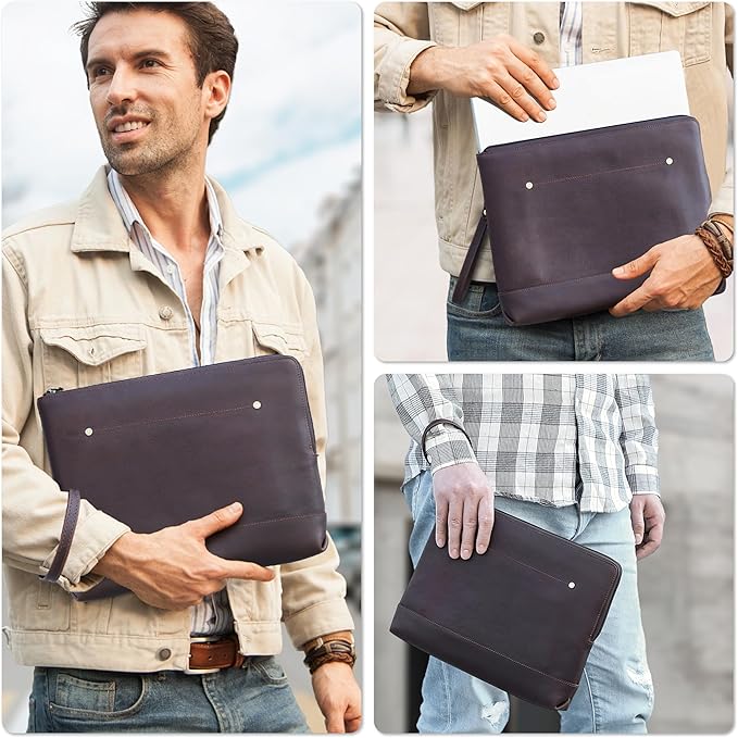 Top Grain Leather 14.2" Slim Laptop 90° Zipper Bag, Removable Wristlet & 4 Pockets, Compatible with 2024 MacBook Pro 14.2" M1 M2 M3 M4 Pro/Max A2442 & Other Laptop, Red Coffee 14.2 Inch